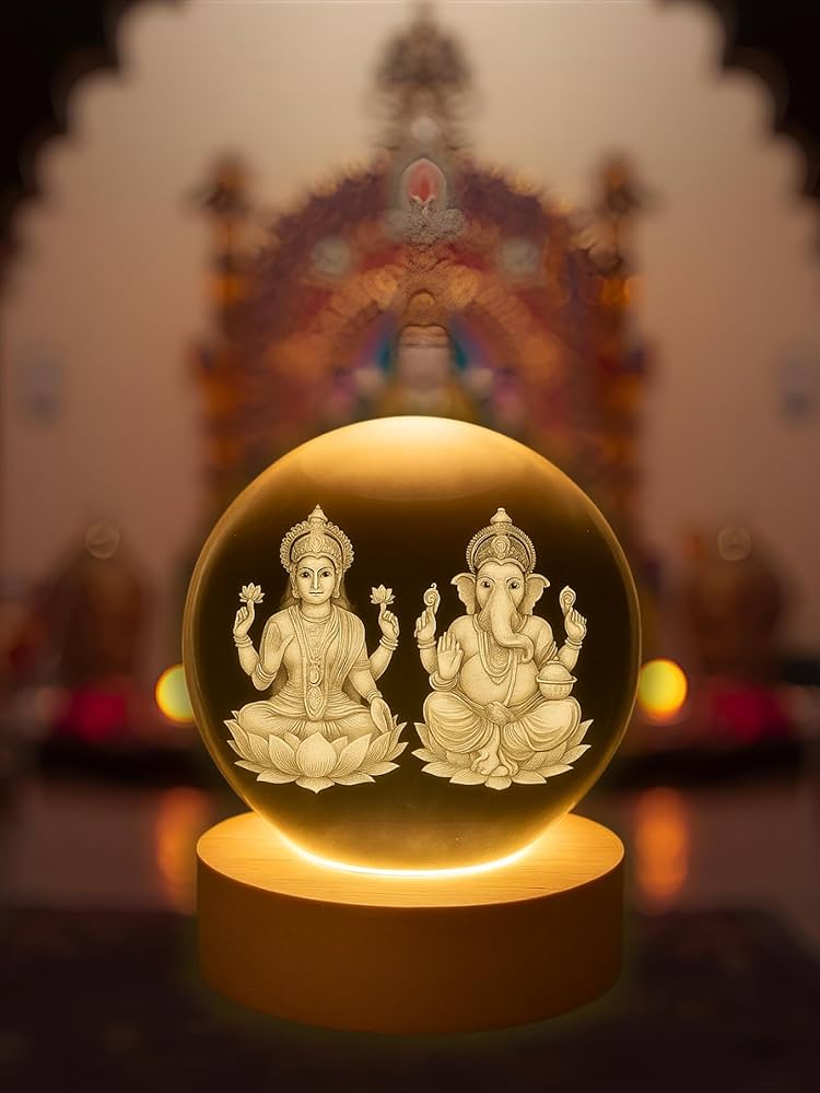 Divine Glow: Illuminated Lakshmi-Ganesha Crystal Orb