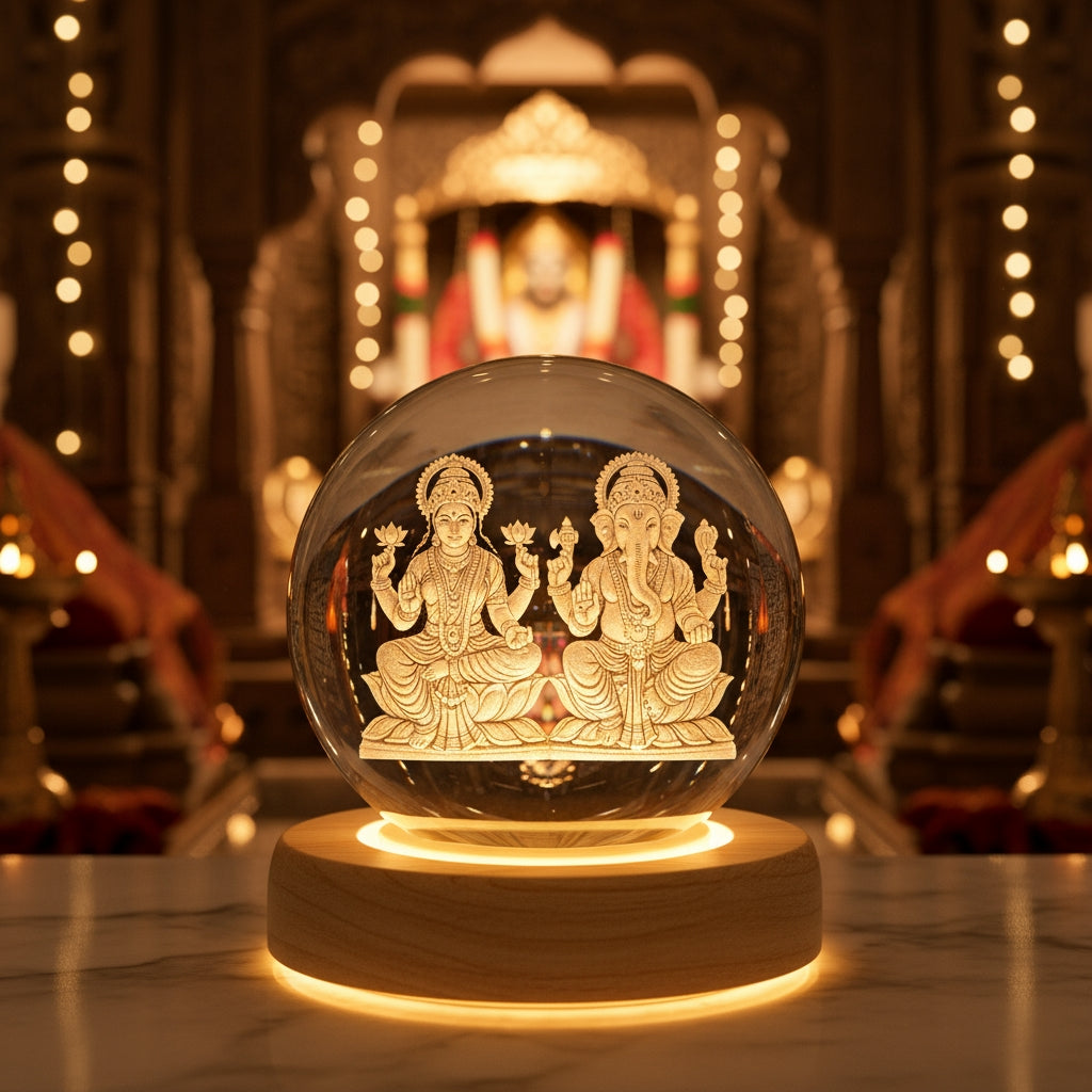 Divine Glow: Illuminated Lakshmi-Ganesha Crystal Orb
